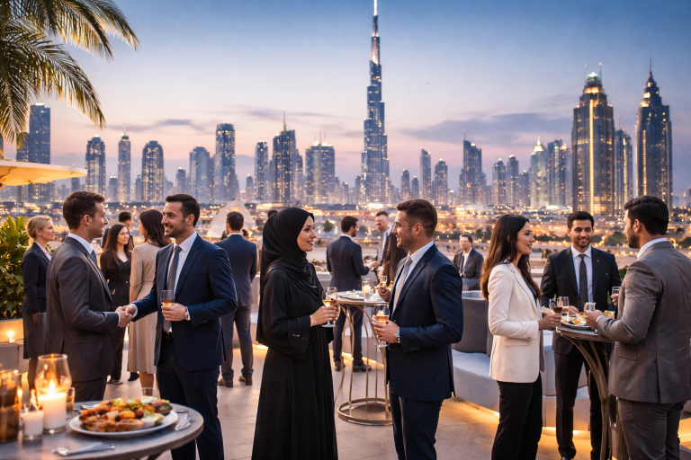 Dubai business district skyline representing the UAE's thriving commercial hub