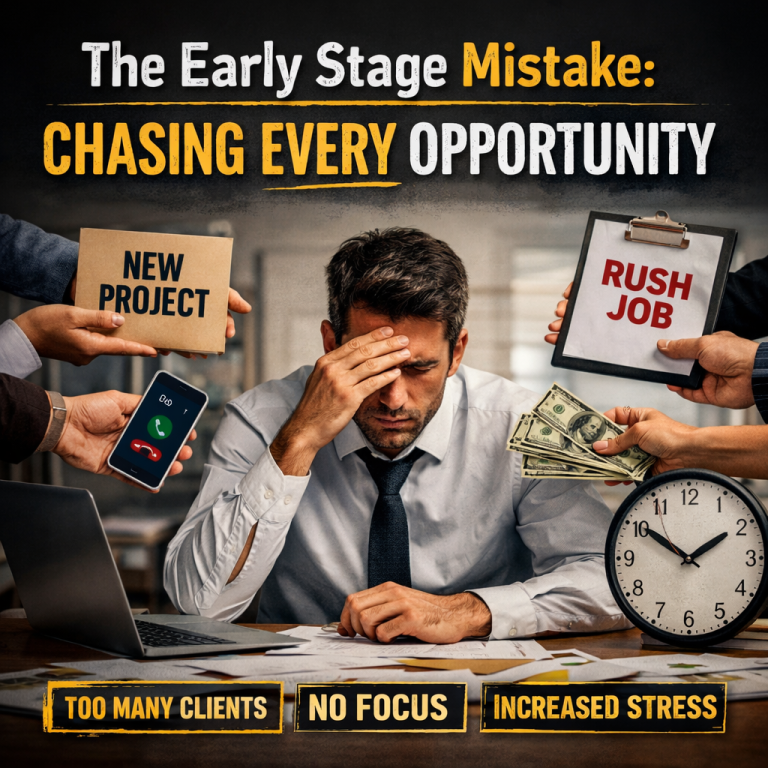 Stressed entrepreneur handling multiple clients and tasks showing problem of chasing every opportunity in business and lack of focus in early stage startups
